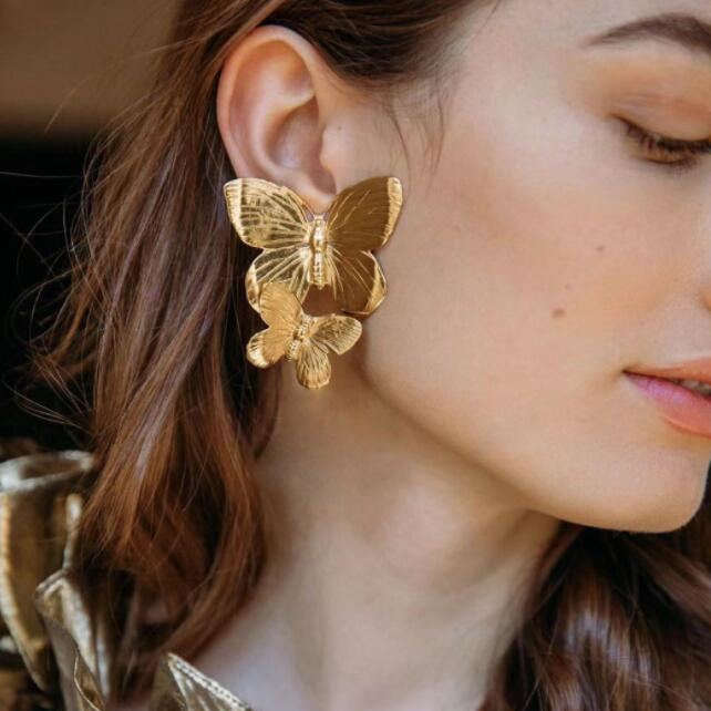 Alloy Double Butterfly Earrings Retro Gold Exaggerated Earrings