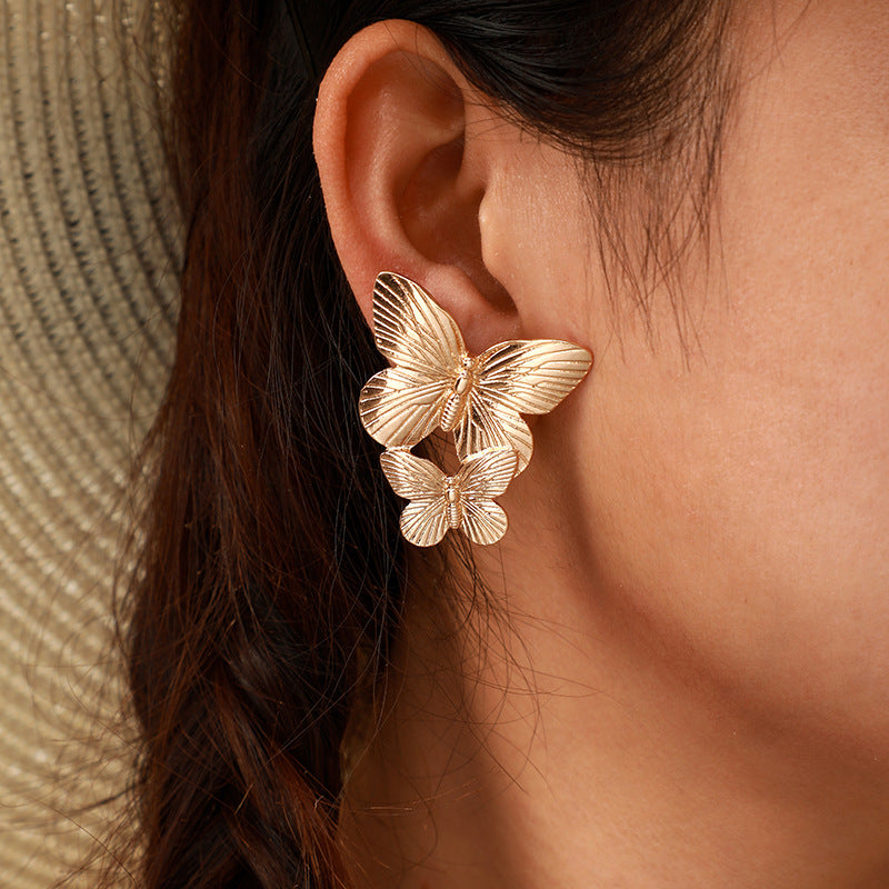 Alloy Double Butterfly Earrings Retro Gold Exaggerated Earrings