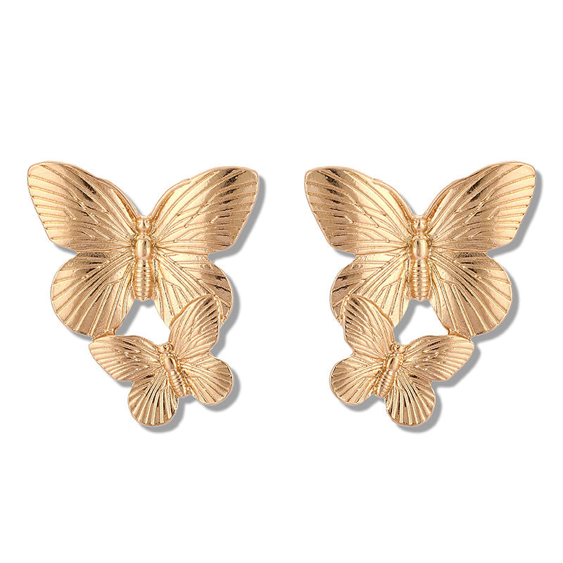 Alloy Double Butterfly Earrings Retro Gold Exaggerated Earrings