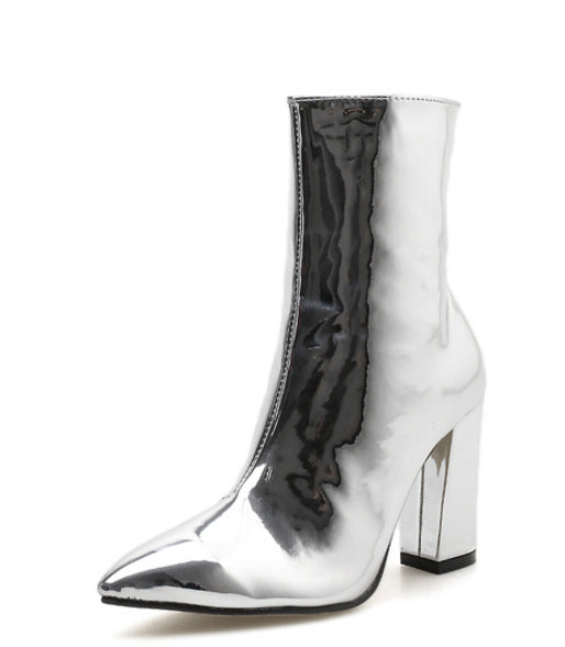 Patent Leather  Pointed Toe Chunky High-heel Boots